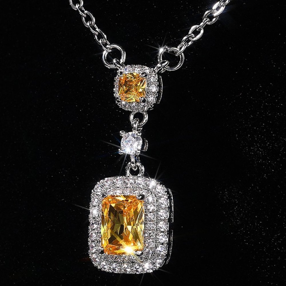 🍁 Bling Double Royal Yellow Zircon Silver Plated Necklace for Women, UNVN12412